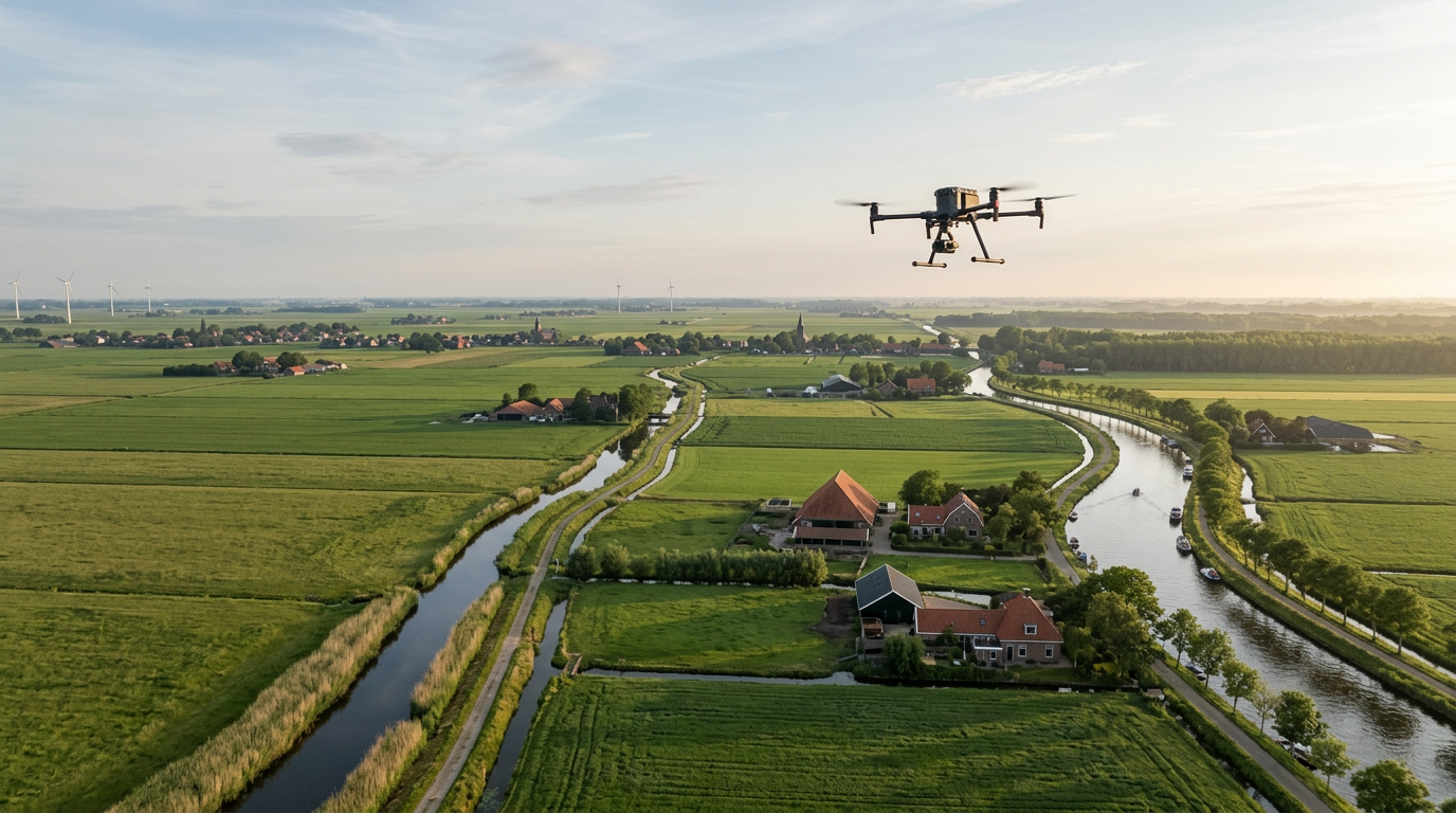 Drone survey over Dutch canal countryside Drone flying over Dutch farmland, canals, houses, and wind turbines